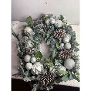 Large frosted  decorated pre lit Artificial Christmas Wreath with Iridescent Orn